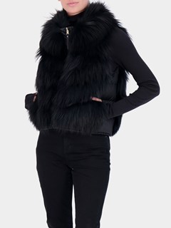 Woman's Gorski Black Silver Fox Fur Chevron Punched Vest