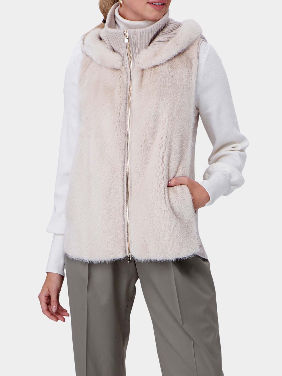 Woman's Blush Hooded Mink Fur Vest with Wool/Cashmere Blend Trim and Back
