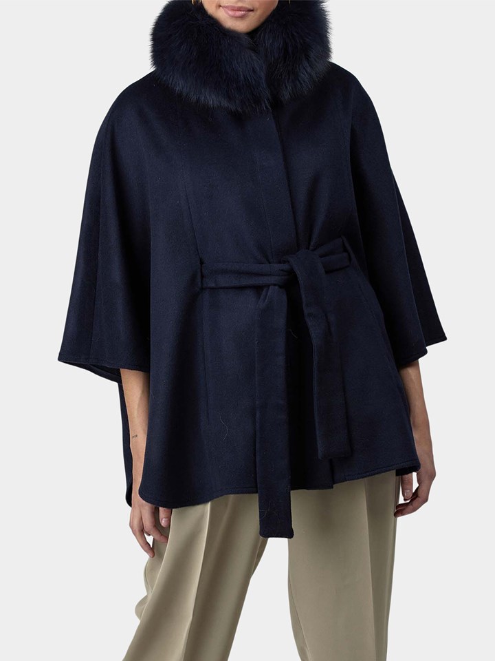 Woman's Gorski Navy Wool Belted Cape with Black Fox Collar