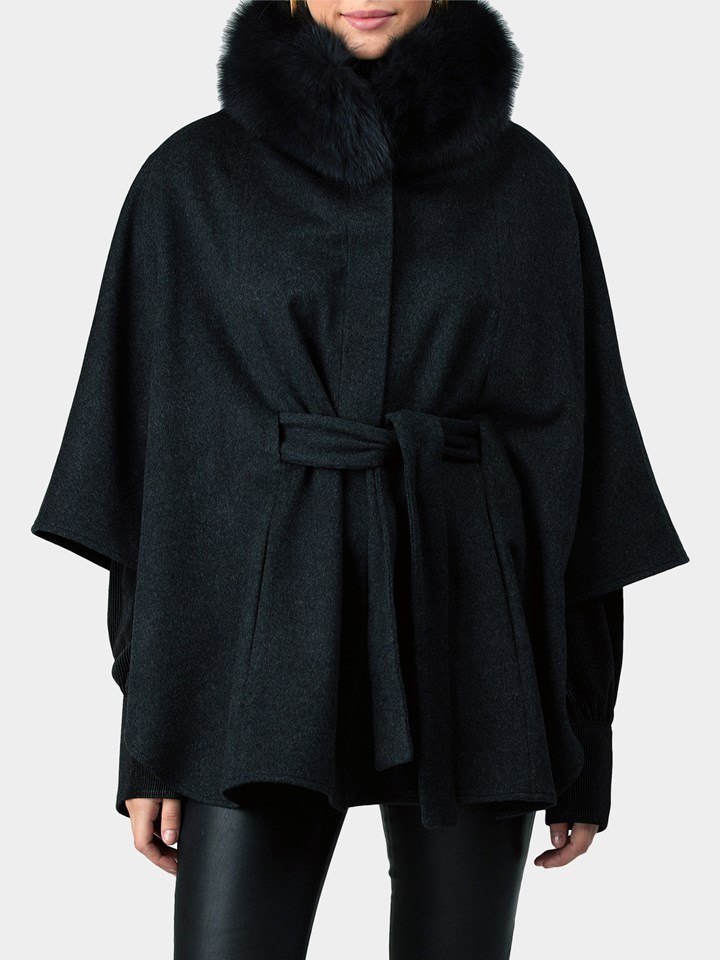 Woman's Gorski Anthracite Wool Belted Cape with Fox Collar