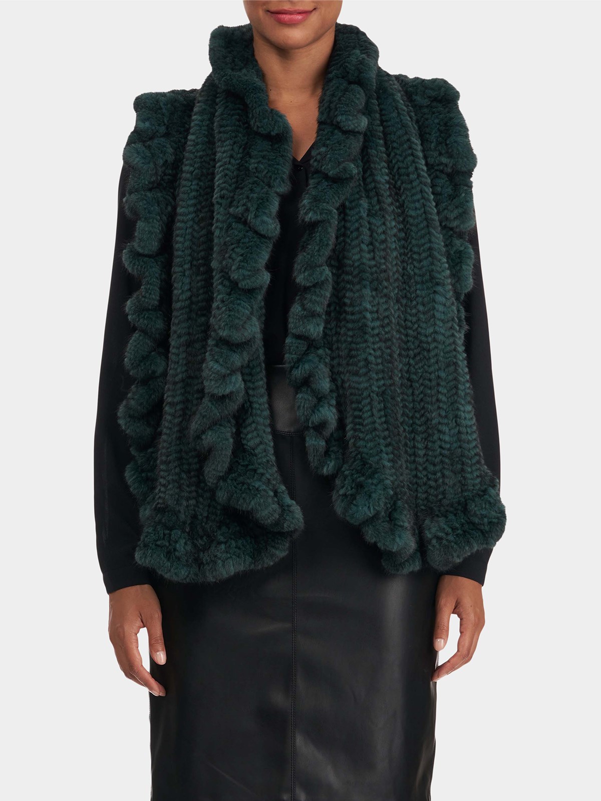 Woman's Emerald T-Cut Knit Mink Fur Ruffle Shawl