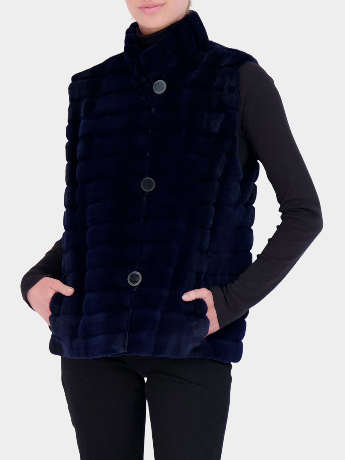 Woman's Midnight Blue Grooved and Sheared Horizontal Mink Fur Vest / Reversible