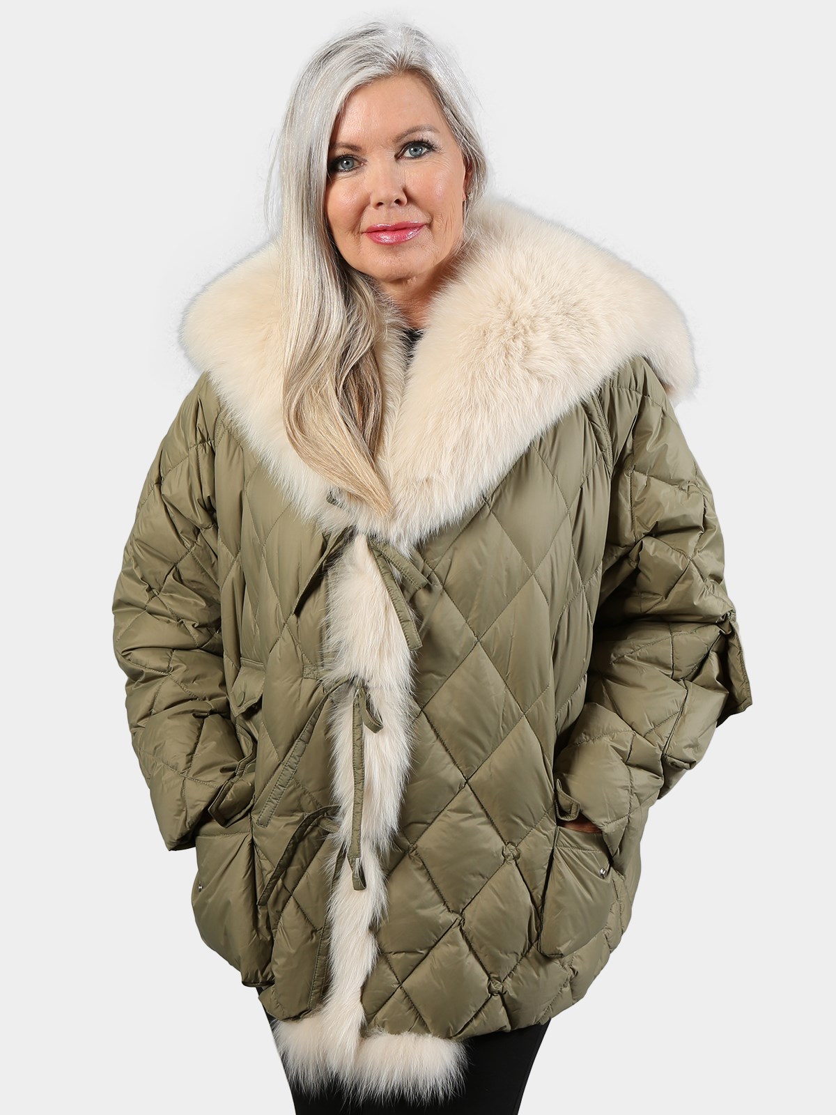 Woman's Army Green Quilted Goose Down Jacket with Fox Collar and Tuxedo Front