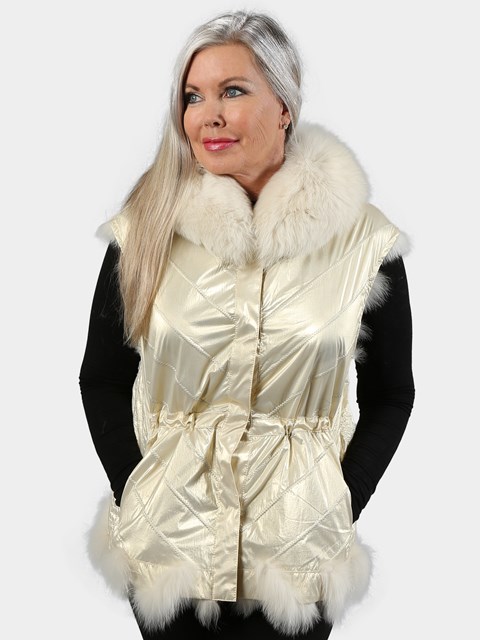Woman's Shadow Fox Fur Vest Reversing to Champagne Metallic Fabric