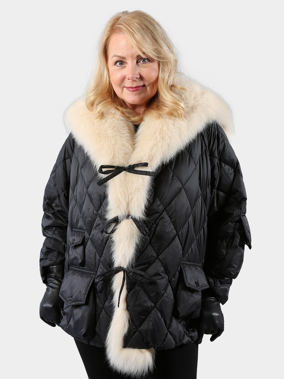 Woman's Black Quilted Goose Down Jacket with Fox Collar and Tuxedo Front