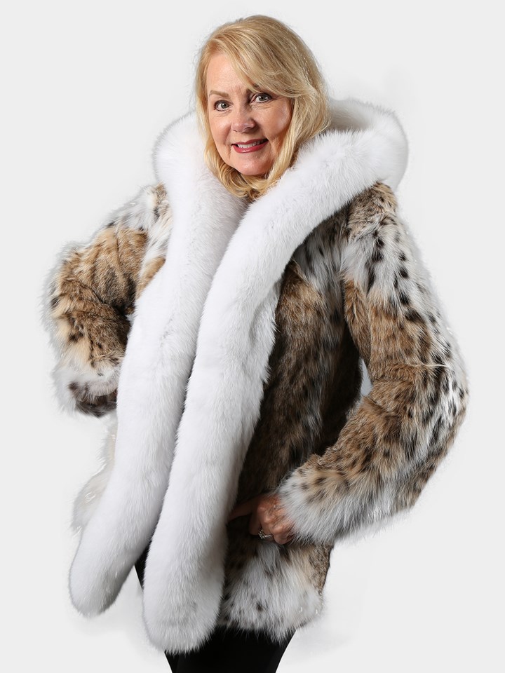 Woman's Hooded Natural Cat Lynx Fur Jacket with Fox Trim