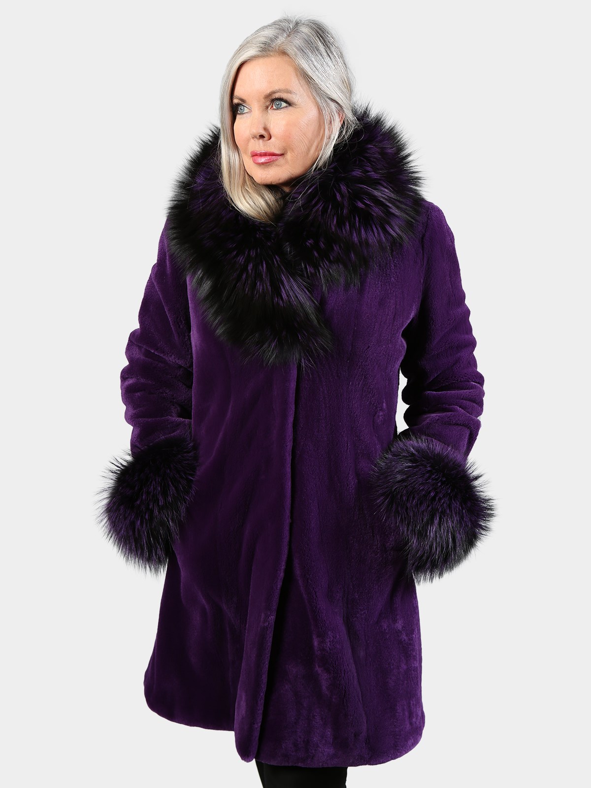 Woman's Purple Dyed Sheared Mink Fur Stroller with Fox Collar and Cuffs