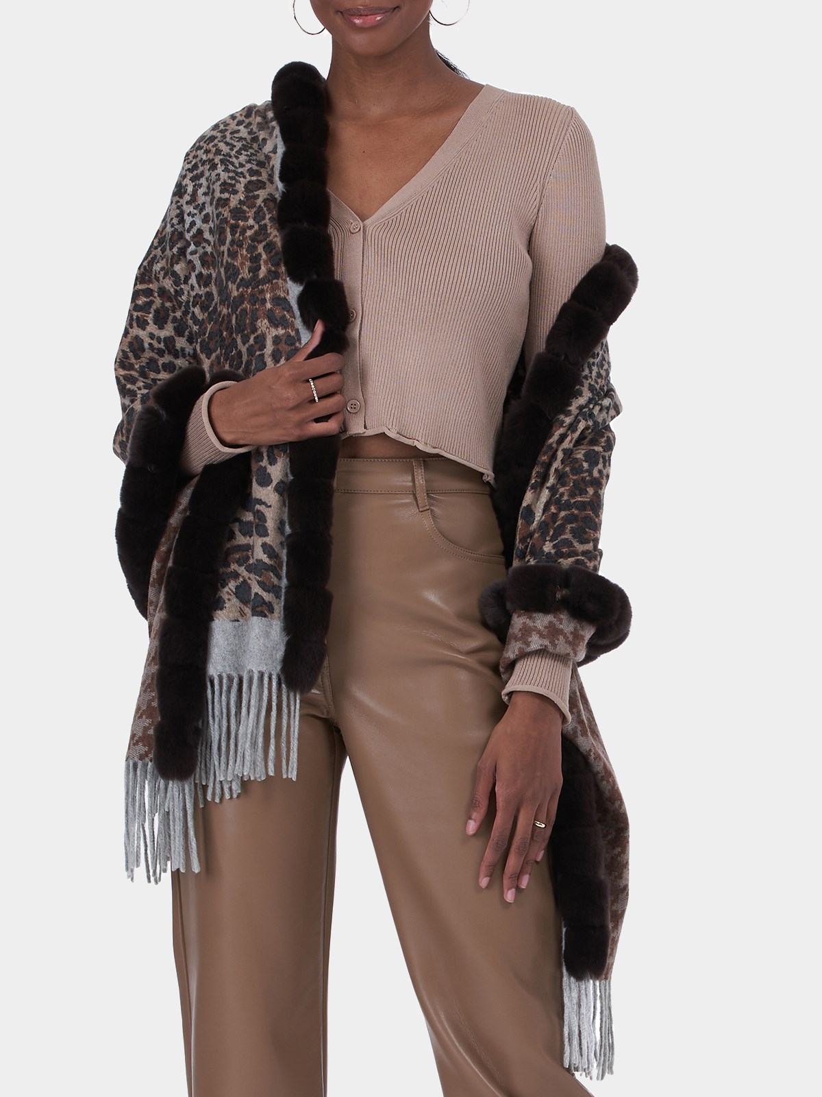 Woman's Brown Snow Leopard / Houndstooth Double Face Cashmere Wrap