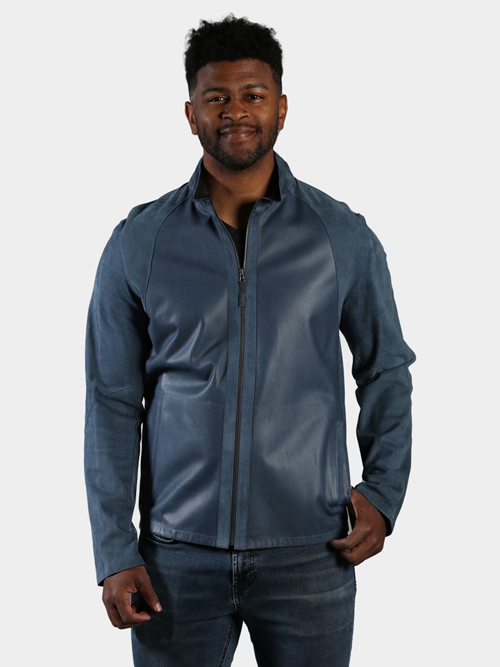 Man's Blue Lambskin Leather Jacket Reversible to Black Leather