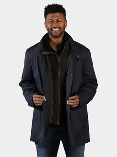 Man's Navy Fabric 3/4 Coat with Brown Shearling Liner