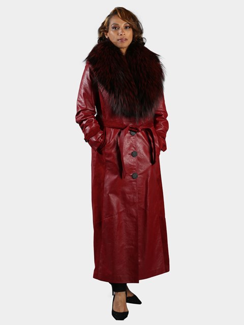 Woman's Oxblood Leather Coat with Dyed to Match Detachable Fox Collar