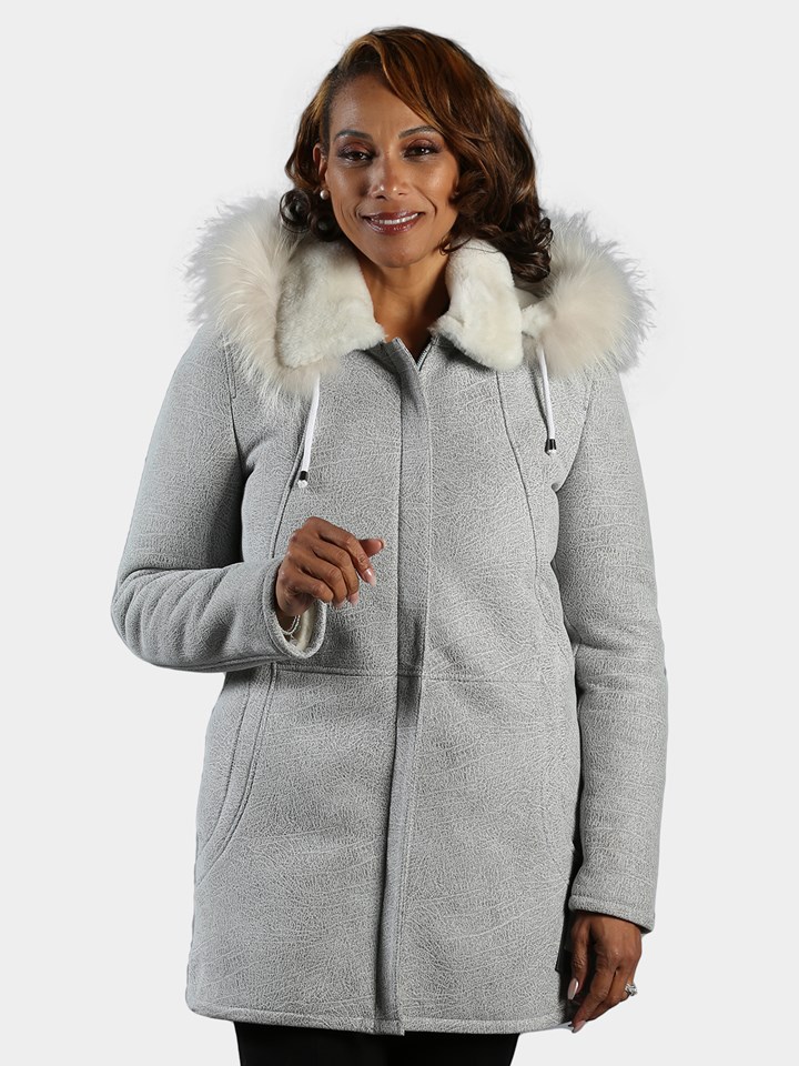 Woman's White Swan Shearling Jacket with Fox Fur Trimmed Detachable Hood