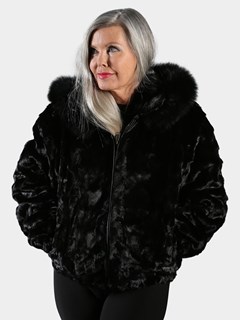 Woman's Black Section Mink Fur Jacket with Detachable Fur Hood