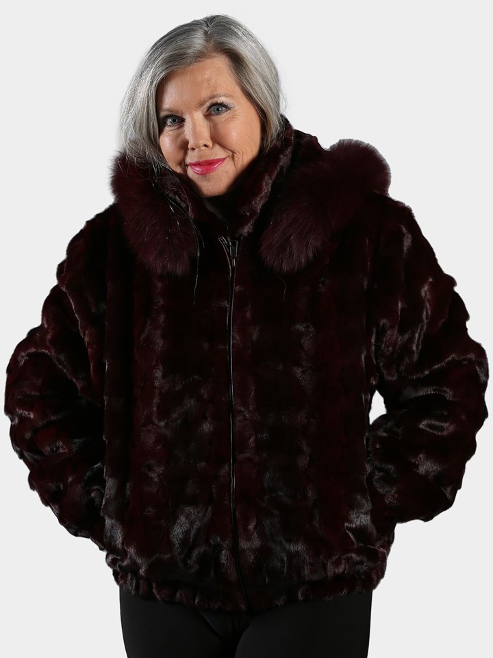 Woman's Burgundy Section Mink Fur Jacket with Detachable Fur Hood