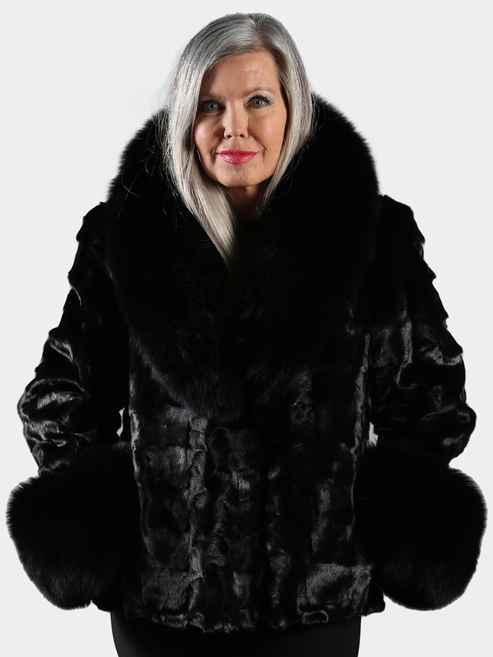 Woman's Black Section Mink Fur Jacket With Black Fox Collar & Cuffs