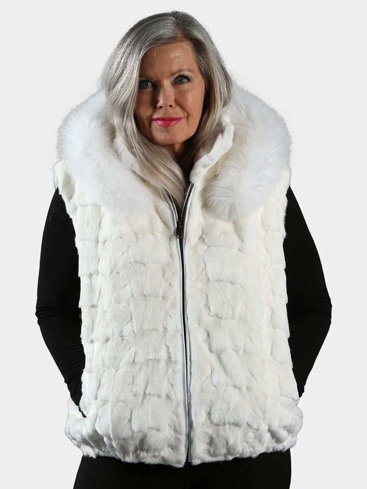 Woman's White Diamond Mink Fur Vest with Dyed to Match Fox Trimmed Hood