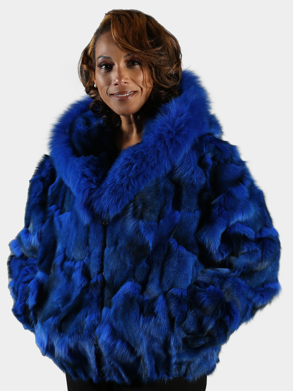 Woman's Royal Blue Fox Fur Section Bomber Jacket with Hood - Day Furs