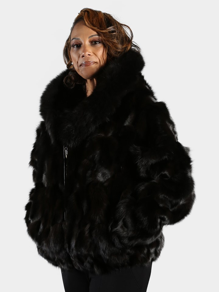 Woman's Brown Fox Fur Section Bomber Jacket with Hood