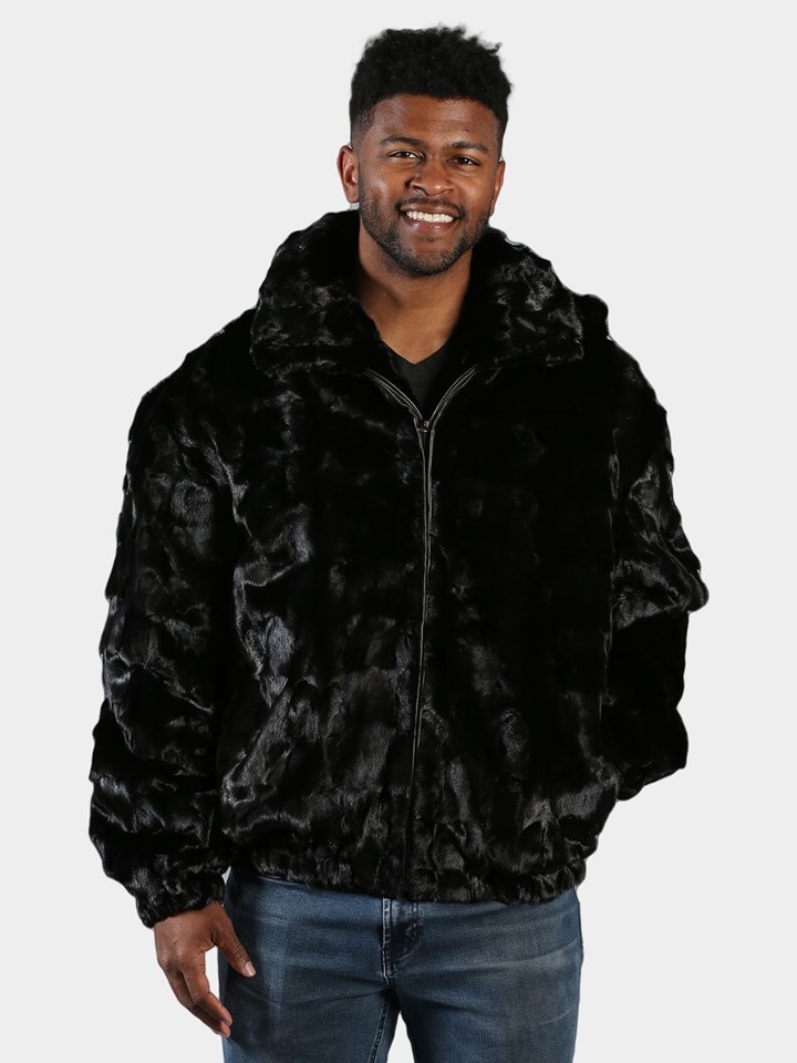 Man's Black Section Mink Fur Jacket with Detachable Hood