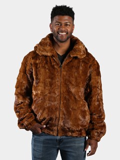 Man's Whiskey Section Mink Fur Jacket with Detachable Hood