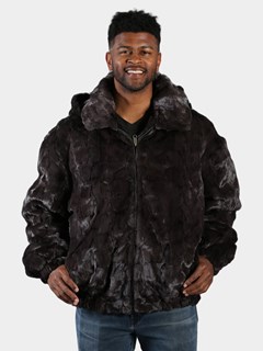 Man's Grey Section Mink Fur Jacket with Detachable Hood