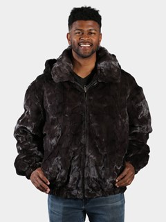 Man's Grey Section Mink Fur Jacket with Detachable Hood