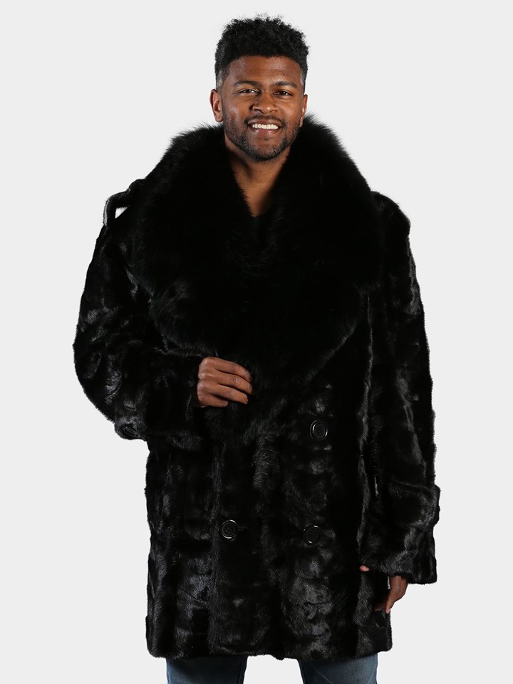 Man's Black Sections Mink Fur Pea Coat