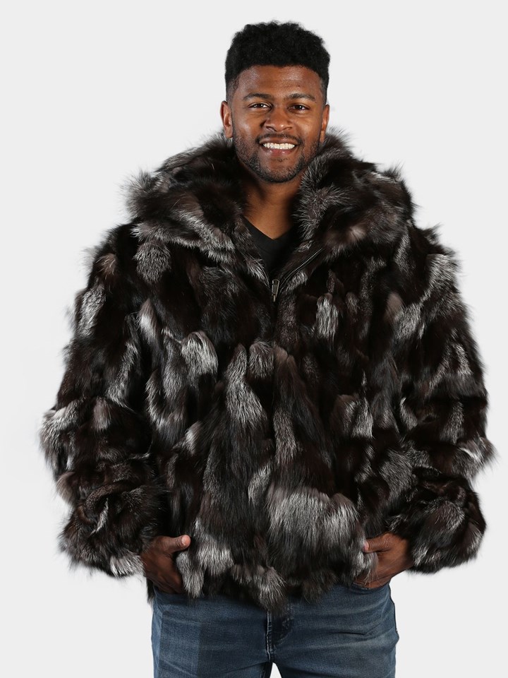 Man's Natural Silver and Black Fox Fur Bomber Jacker with Hood