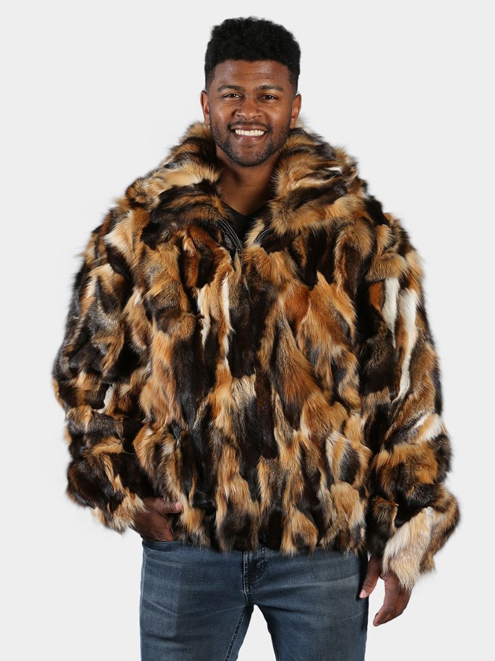 Man's Natural Crystal and Black Fox Fur Bomber Jacket with Hood