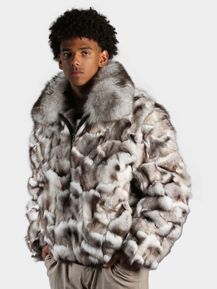 Man's Natural Blue Fox Section Fur Bomber Jacket