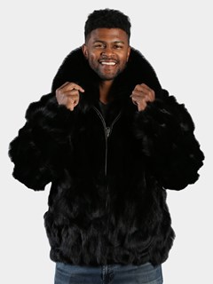 Man's Black Fox Section Fur Bomber Jacket