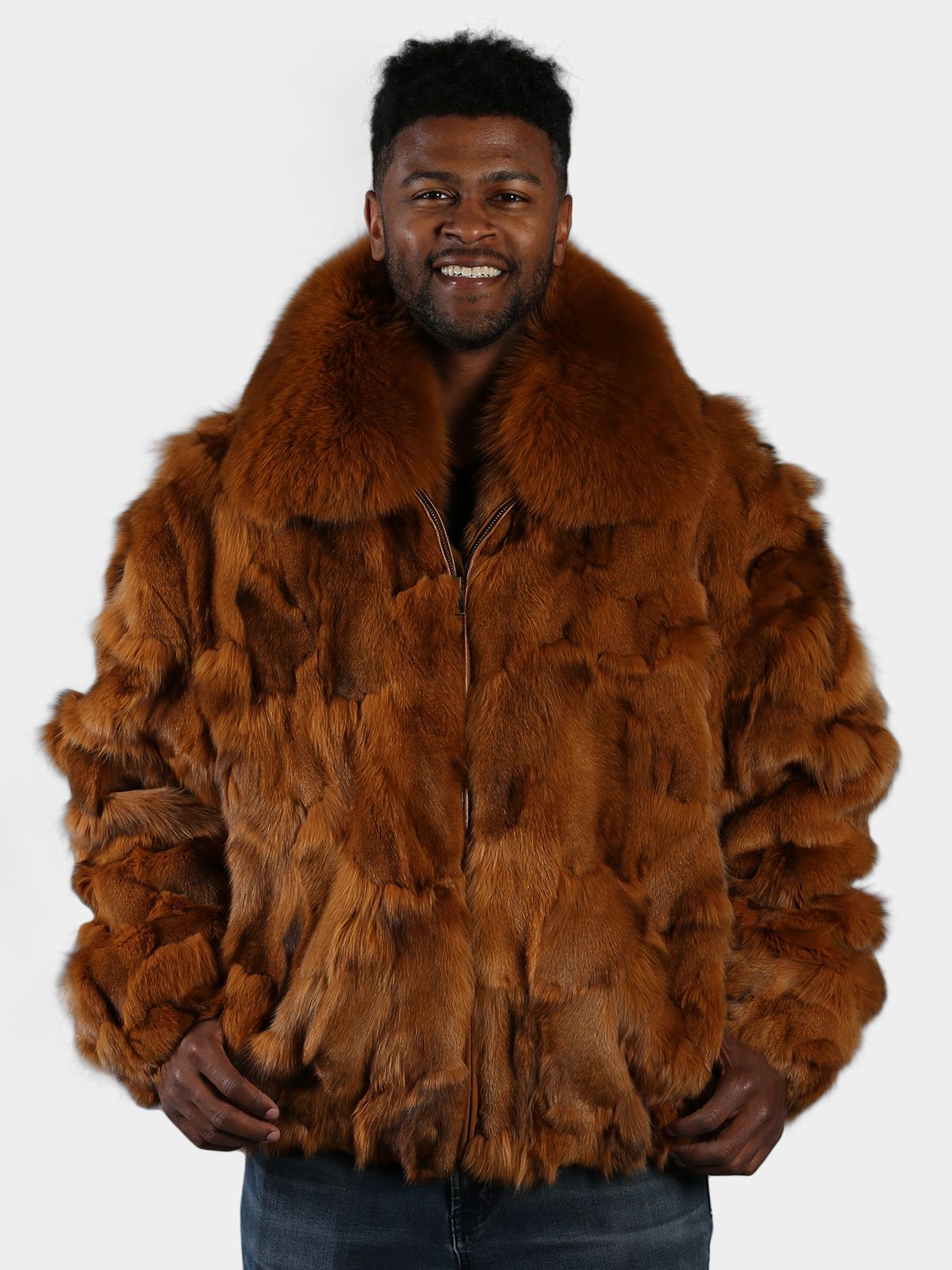 Man s Whisky Fox Section Fur Bomber Jacket