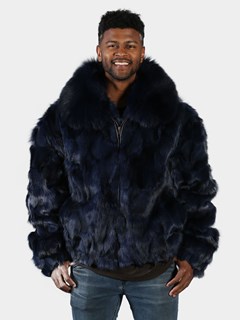 Man's Navy Blue Fox Section Fur Bomber Jacket