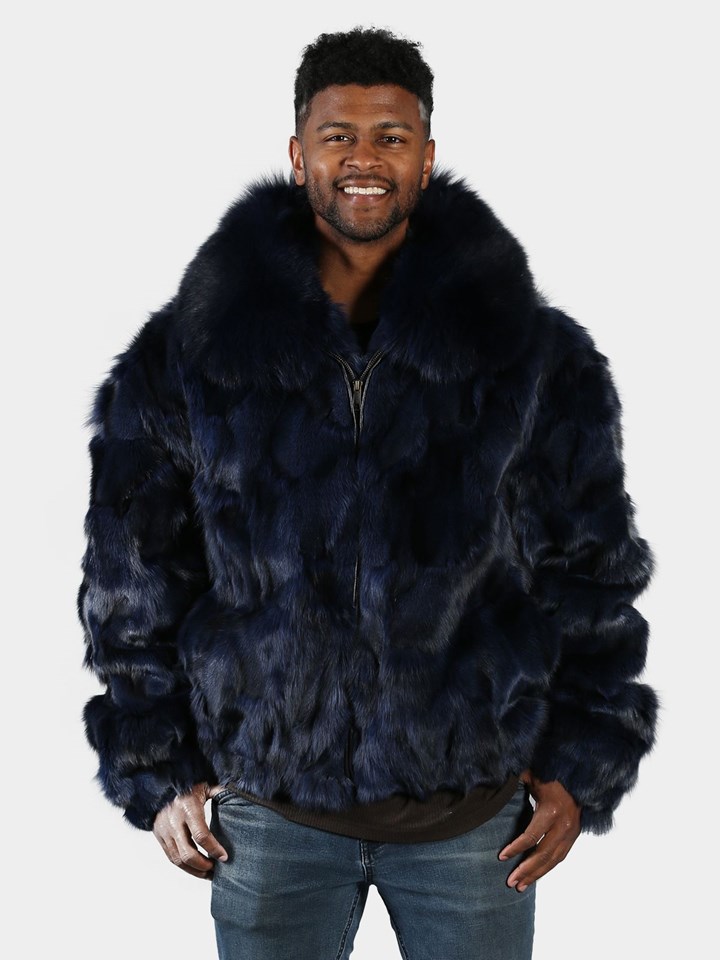 Man's Navy Blue Fox Section Fur Bomber Jacket