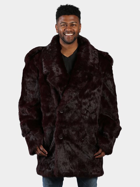 Man's Burgundy Full Skin Rabbit Fur Pea Coat
