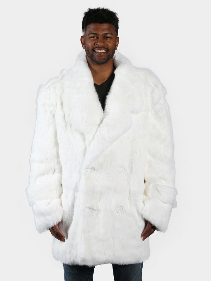 Man's White Full Skin Rabbit Fur Pea Coat