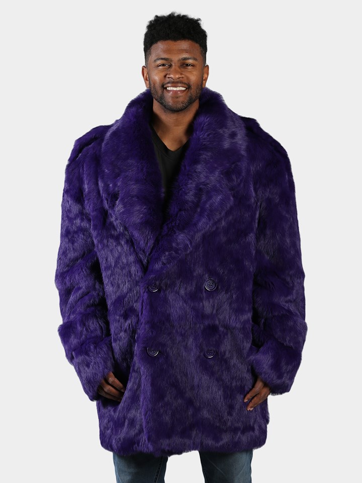 Man's Purple Full Skin Rabbit Fur Pea Coat