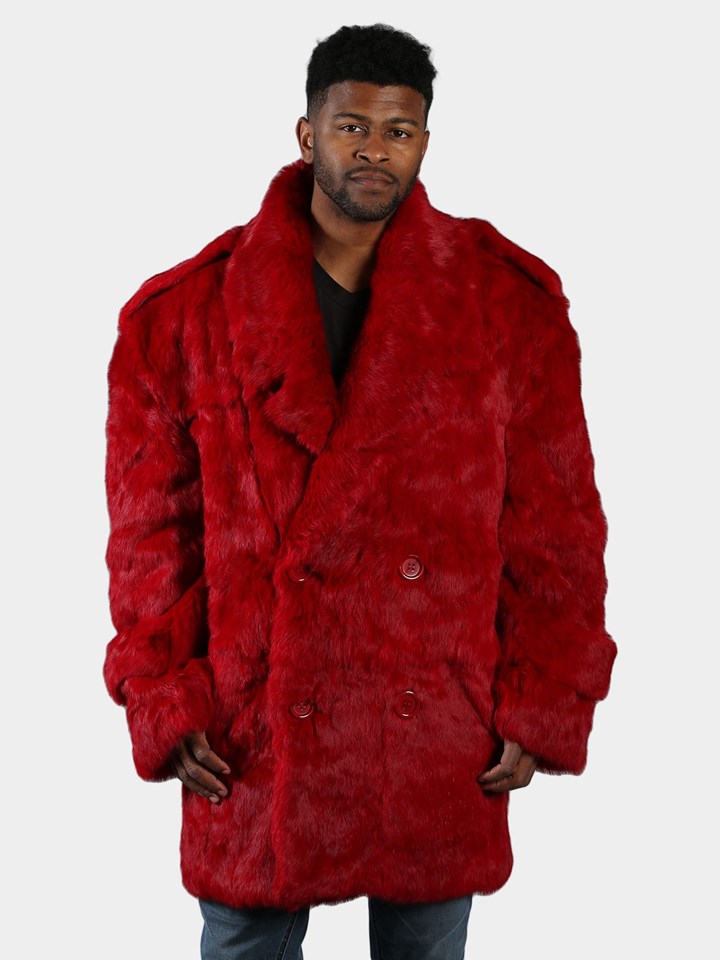 Man's Red  Full Skin Rabbit Fur Pea Coat