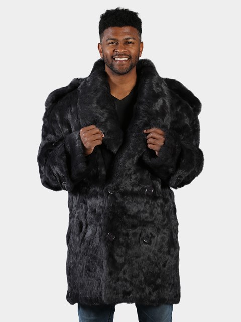 Man's Grey Full Skin Rabbit Fur Pea Coat