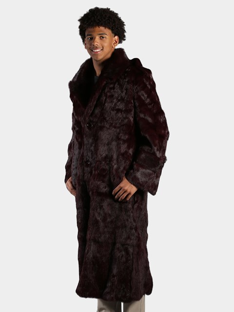 Man's Burgundy Full Skin Rabbit Fur Trench Coat