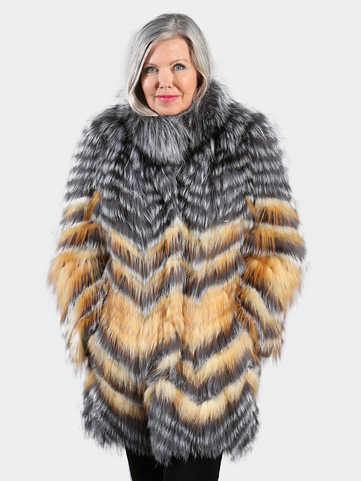 Woman's Natural Silver Fox and Multicolor Dyed Silver Fox Fur Stroller