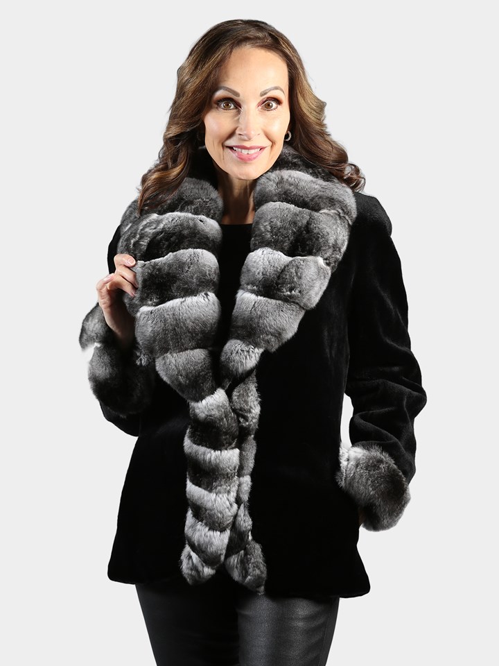 Woman's Black Sheared Mink Fur Jacket with Natural Chinchilla Shawl Collar and Cuffs