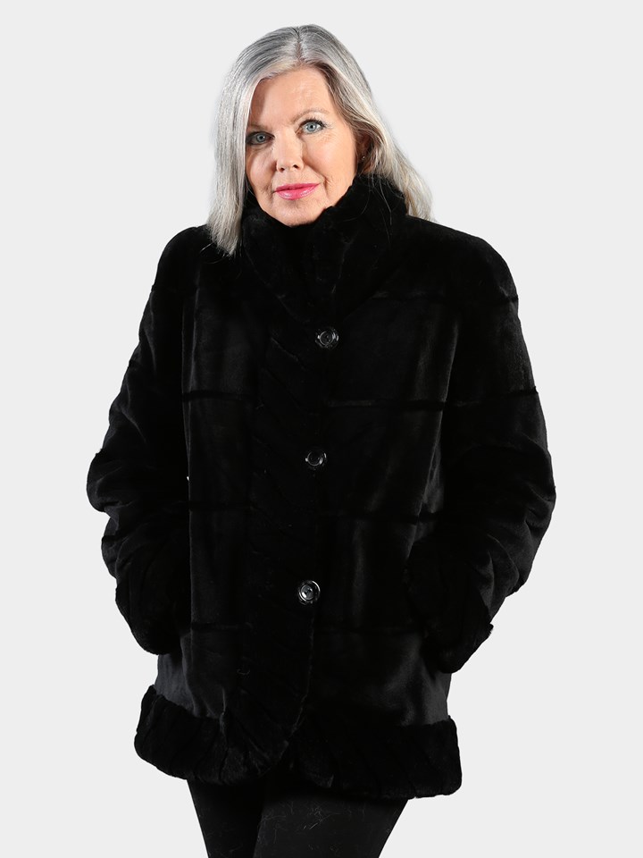 Woman's Black Sheared Mink Fur Jacket Reversible to Rain Taffeta 