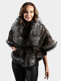 Woman's Blue Iris Mink Fur Cape with Natural Silver Fox Trim