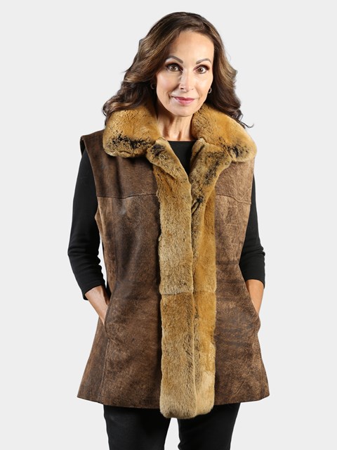 Woman's Brown Distressed Leather Vest with Camel Rex Rabbit Collar and Tuxedo Front