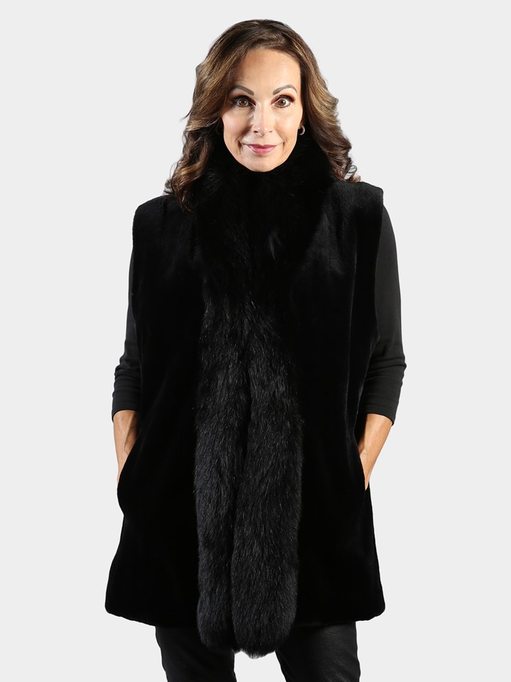 Woman's Black Sheared Mink Fur Vest with Black Fox Tuxedo  Front Reversible to Rain Taffeta