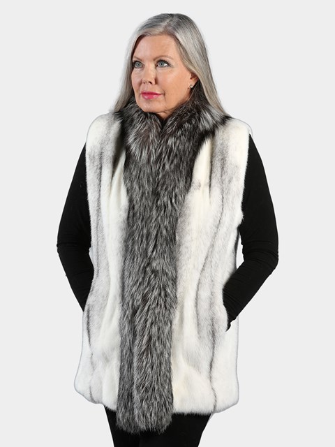 Woman's Black Cross Mink Fur Vest with Natural Silver Fox Tuxedo Front Reversible to Rain Taffeta