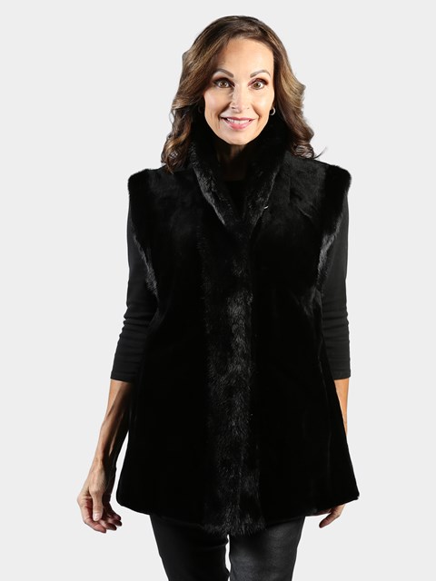 Woman's Black Shearling Mink Fur Vest Reversible to Rain Taffeta