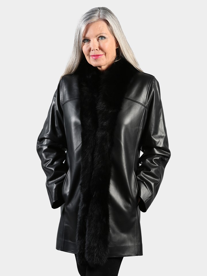 Woman's Black Nappa Leather Stroller with Black Fox  Tuxedo Front Reversible to Rain Taffeta