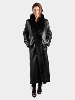 Woman's Black Nappa Leather Coat with Black Fox Tuxedo Front Reversible to Rain Taffeta
